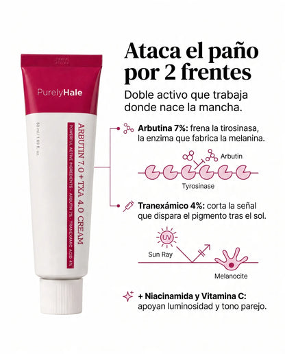 PurelyHale Tono Perfecto — Arbutin 7% + TXA 4% Cream Crema correctora de manchas y paño · Doble activo