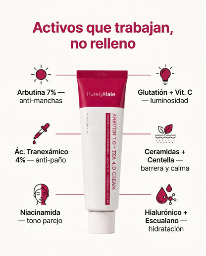 PurelyHale Tono Perfecto — Arbutin 7% + TXA 4% Cream Crema correctora de manchas y paño · Doble activo